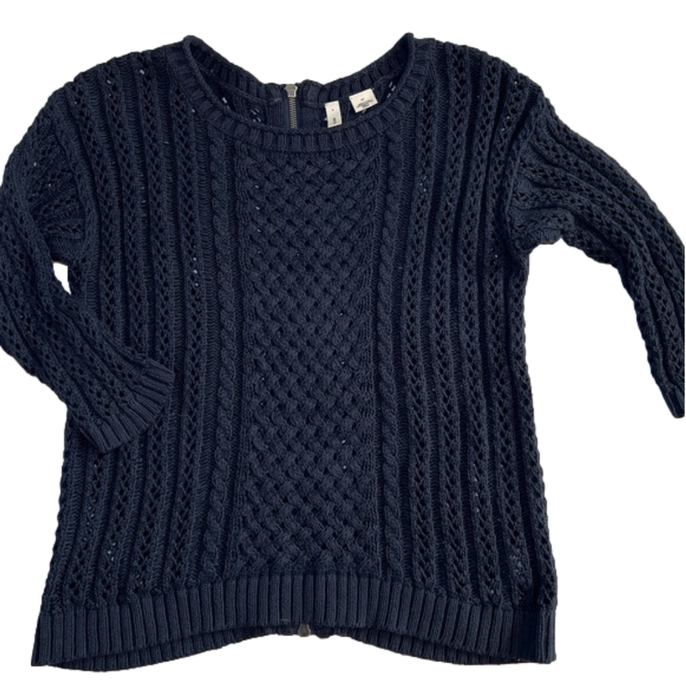 MOTH Anthropologie cable knit back full zip sweater, navy blue, size S